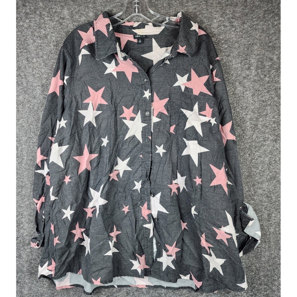 Torrid Taylor Burnout Shirt Womens 4 Charcoal Grey White Star Print‎ Button Up